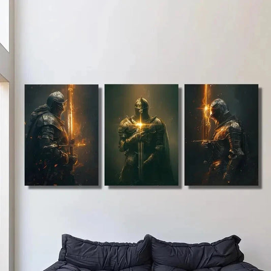 3pcs Flame knight art of knight wearing full armor Metal Print Ready to Hang Art