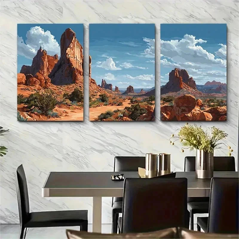 3pcs Illustrated Desert Landscape & Rock Perfect Wall Art Set Canvas Framed 50x70cm - High Quality Print 100% Australian Made Wall Canvas Ready to Hang