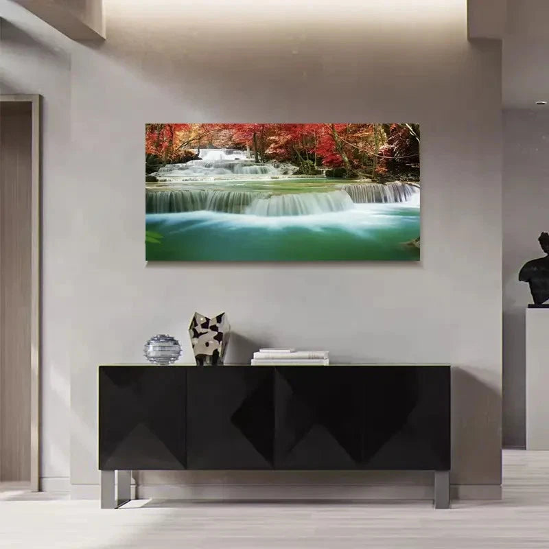 Waterfall Red Autumn Trees Landscape Wall Art Canvas Office Home Room Framed 120x60cm - Bella Home Decor