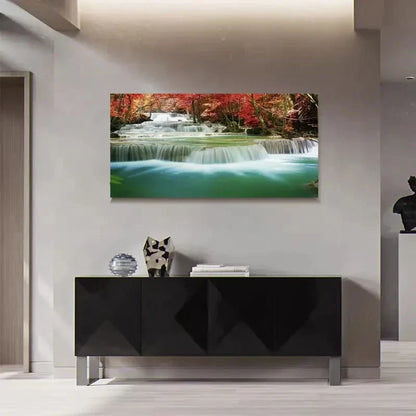 Waterfall Red Autumn Trees Landscape Wall Art Canvas Office Home Room Framed 120x60cm - Bella Home Decor