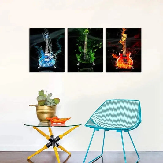 3pcs Red & Green & Blue Guit ar Painting Metal Print Ready to Hang Art