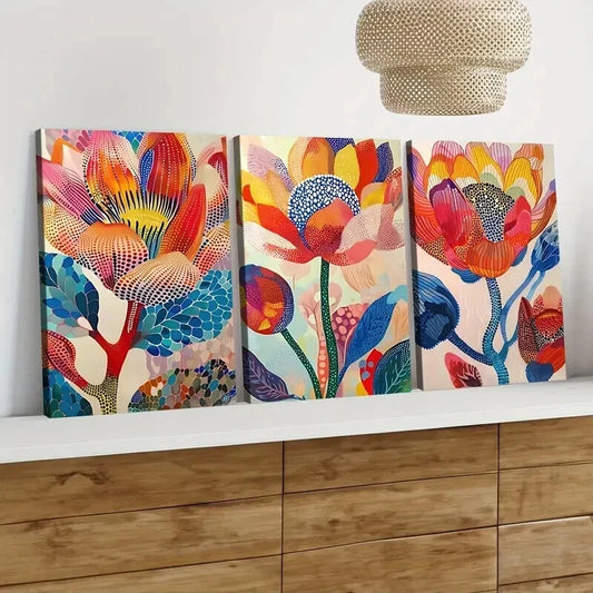 3pcs Colorful Blooming Flowers Botanical Red Wall Art Set Canvas Framed 50x70cm - High Quality Print 100% Australian Made Wall Canvas Ready to Hang