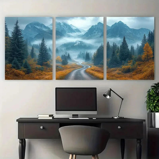 3pcs Winding Road Misty Rocky Mountains Perfect Wall Art Set Canvas Framed 40x60cm - High Quality Print 100% Australian Made Wall Canvas Ready to Hang