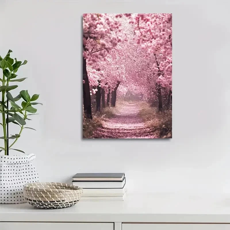 Lush Cherry Blossom Forest Landscape Painting 40x60cm Metal Print Ready to Hang - Bella Home Decor