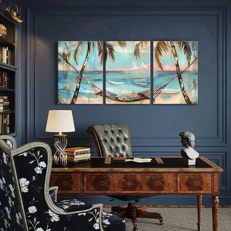 3pcs Palm Trees Hammock Ocean View Sunset Metal Print Ready to Hang Art - Bella Home Decor