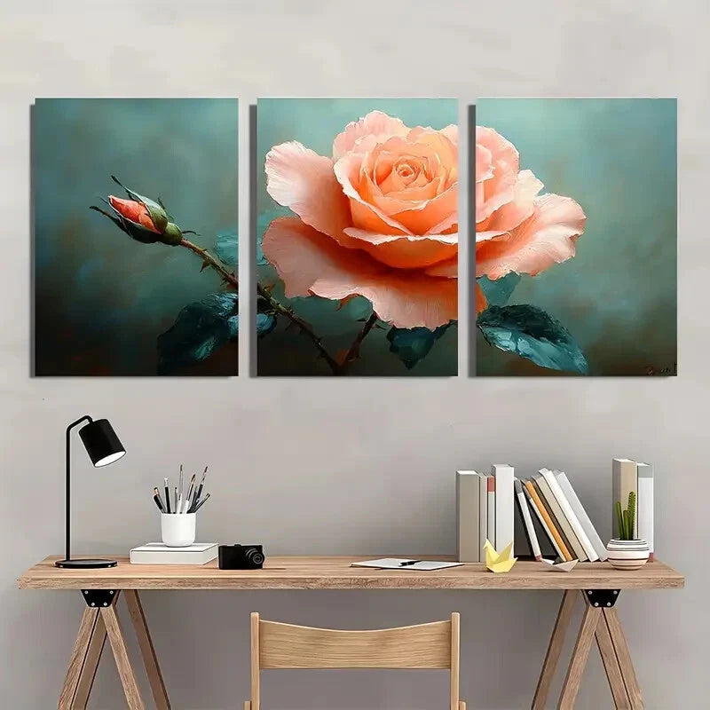 3pcs Vibrant Orange & Pink Roses with Green Leaves Metal Print Ready to Hang Art - Bella Home Decor