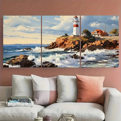 3pcs Scenic Lighthouse Coastal Landscape Metal Print Ready to Hang Art - Bella Home Decor