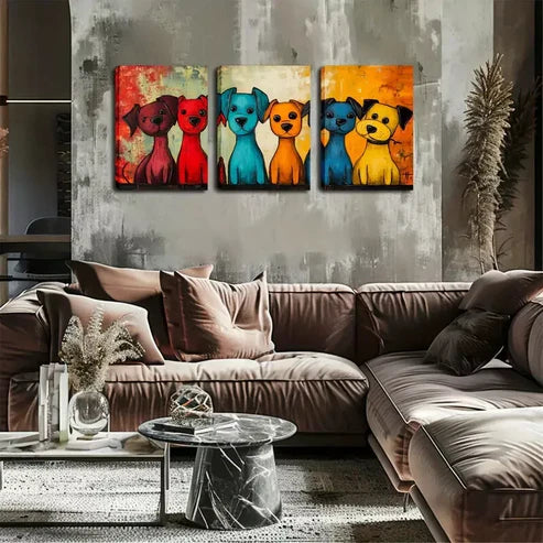 3pcs Vibrant Cartoon Dog Trio Wall Art Canvas Unframed - High Quality Print 100% Australian Made Wall Canvas