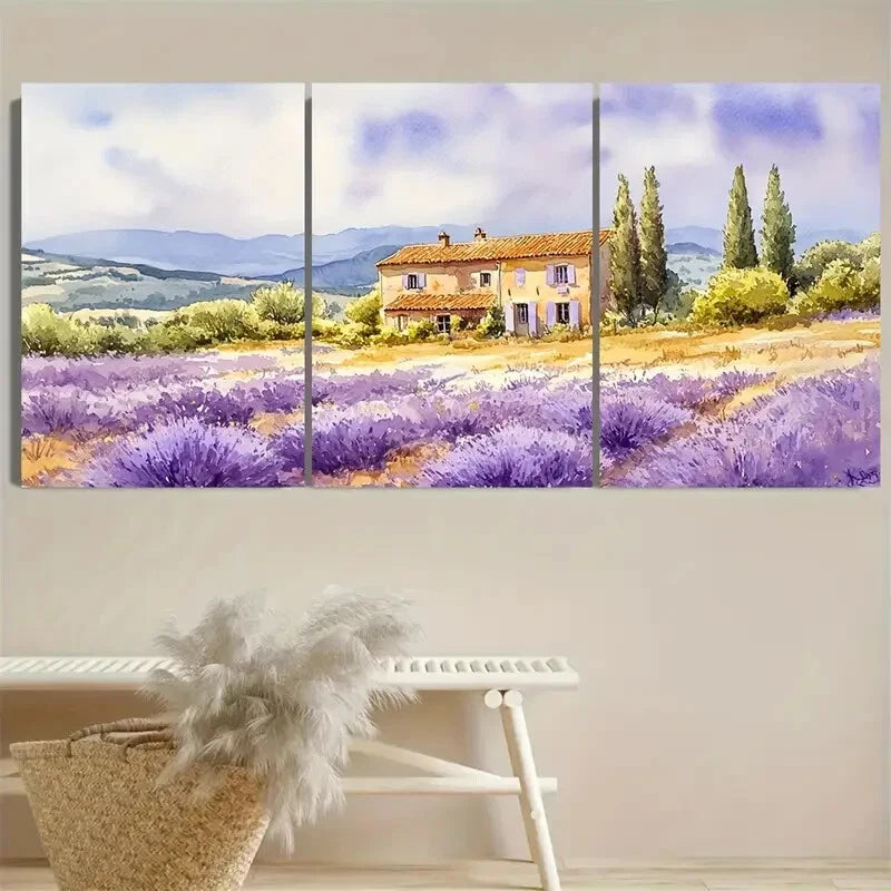 3pcs Purple Lavender Fields & Rustic Scenery House Metal Print Ready to Hang Art