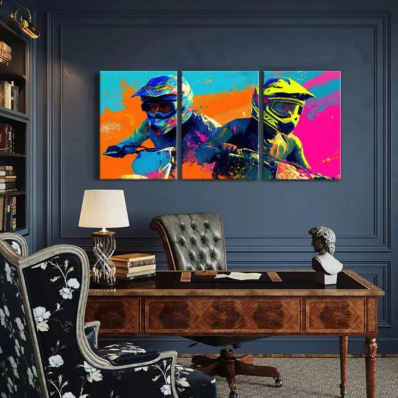 3pcs Vibrant Motocross Riders Colorful Splash Metal Print Ready to Hang Art - Bella Home Decor