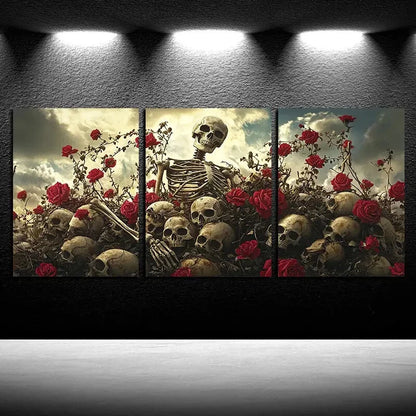 3pcs Skeleton Amidst Blooming Roses, Gothic Floral Metal Print Ready to Hang Art - Bella Home Decor