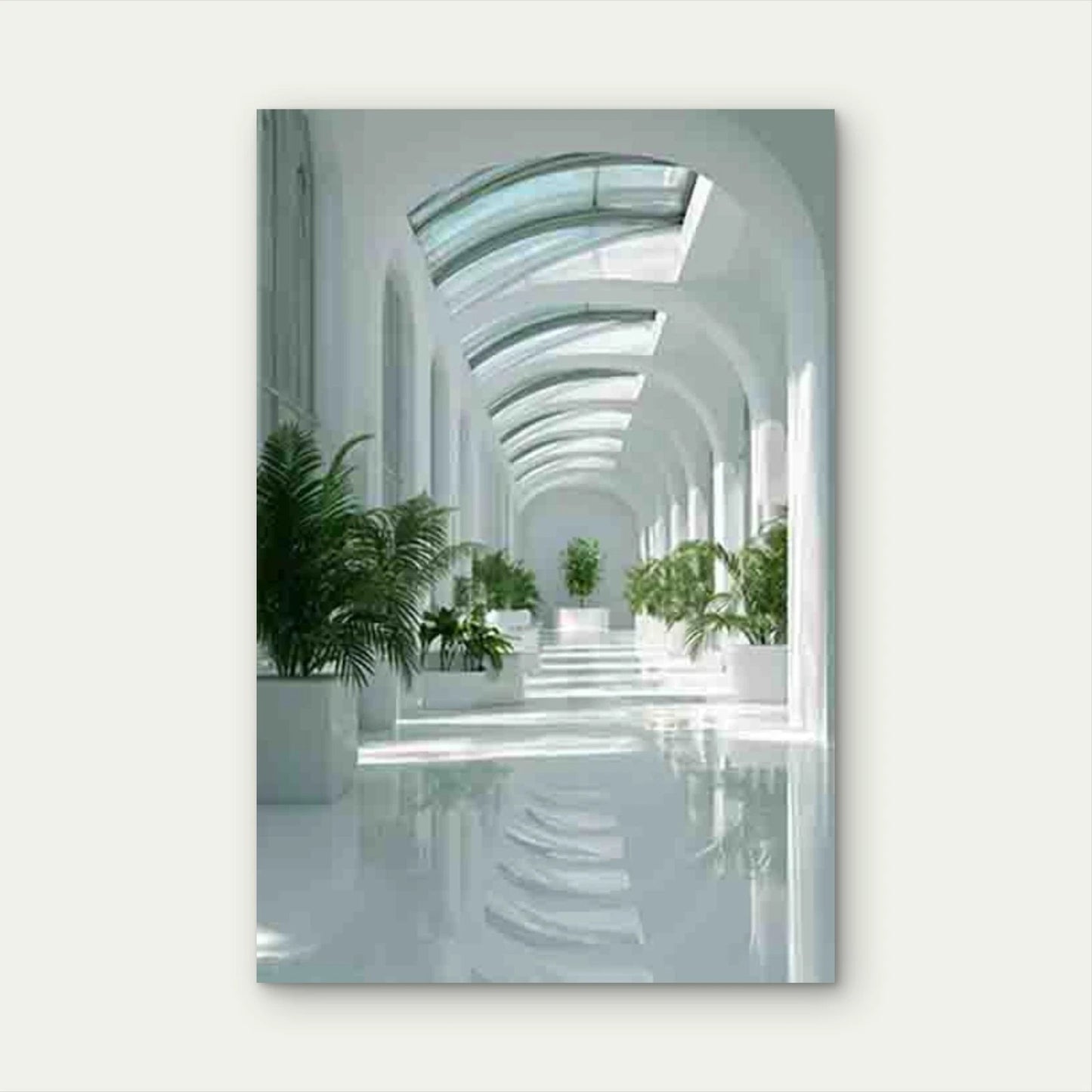Sunlit White Walls & Plant-Filled Hallway Metal Print Ready to Hang
