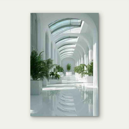Sunlit White Walls & Plant-Filled Hallway Metal Print Ready to Hang
