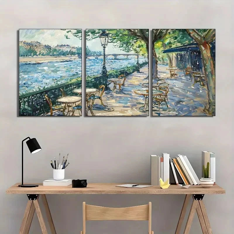 3pcs French Cafe Scene Summer Impressionist Art Metal Print Ready to Hang Art - Bella Home Decor