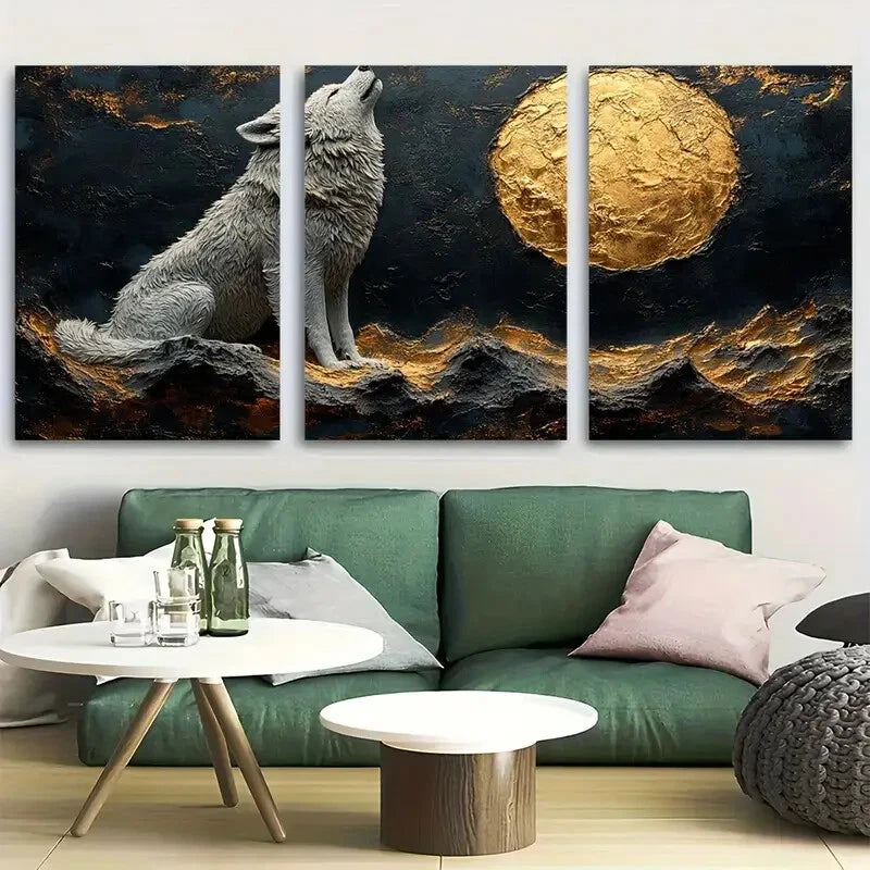 3pcs Silvery Wolf Howling Design Metal Print Ready to Hang Art
