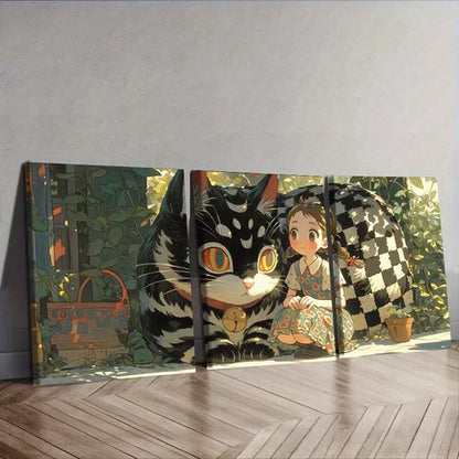3pcs The Cat And The Girl Modern Art  Wall Art Set Canvas Unframed - High Quality Print 100% Australian Made Wall Canvas