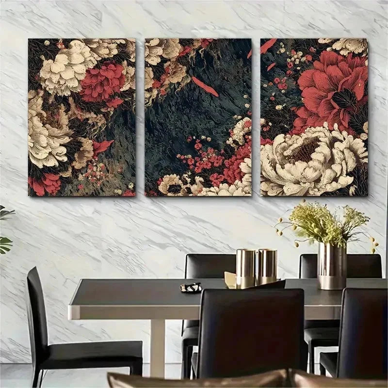 3pcs Vintage Japanese Continuous Perfect Wall Art Set Canvas Framed 50x70cm - High Quality Print 100% Australian Made Wall Canvas Ready to Hang