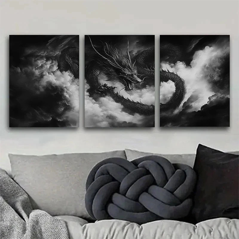 3pcs Black and White Dragon Majestic Cloud Metal Print Ready to Hang Art - Bella Home Decor