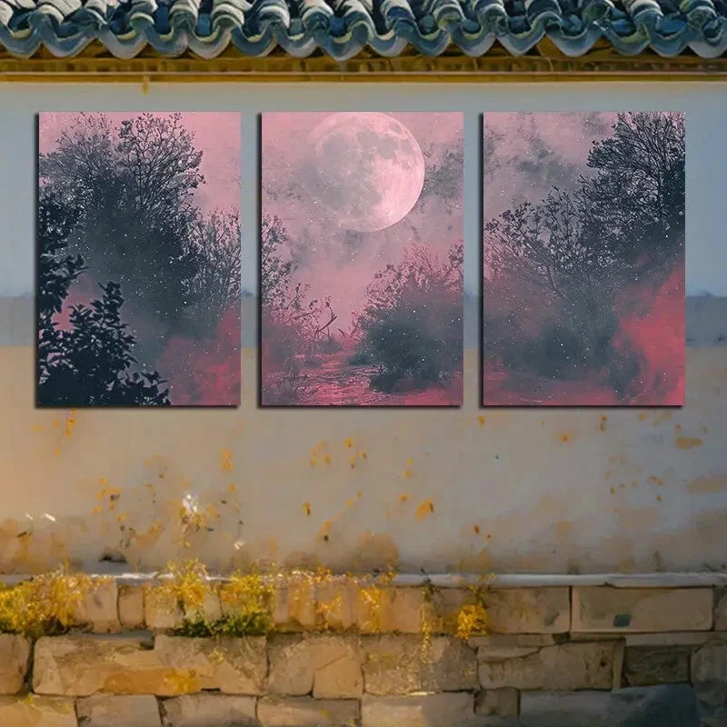 3pcs Mystical Dark Road and Moon Scene Metal Print Ready to Hang Art - Bella Home Decor