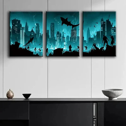 3pcs A City Submerged in the Ocean Blue Dark Wall Art Set Canvas Framed 60x90cm - High Quality Print 100% Australian Made Wall Canvas Ready to Hang