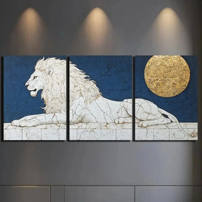 3pcs Featuring Majestic Lion and Golden Moon Metal Print Ready to Hang Art - Bella Home Decor