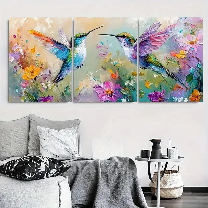 3pcs Colorful Hummingbirds in Blooming Garden Metal Print Ready to Hang Art - Bella Home Decor
