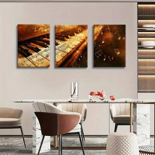 3pcs Vintage Piano Music Notes Golden Accents Metal Print Ready to Hang Art