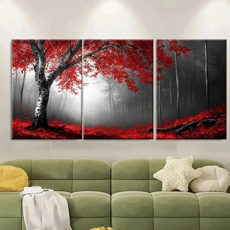 3pcs Birch Tree Forest Red Leaves Abstract R  Wall Art Set Canvas Framed 40x60cm - High Quality Print 100% Australian Made Wall Canvas Ready to Hang - Bella Home Decor