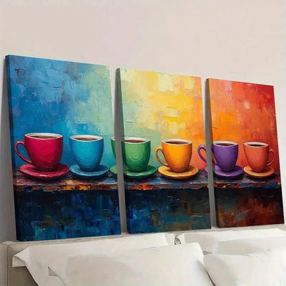 3pcs Vibrant Coffee Cup Canvas Art Q  Wall Art Set Canvas Framed 50x70cm - High Quality Print 100% Australian Made Wall Canvas Ready to Hang
