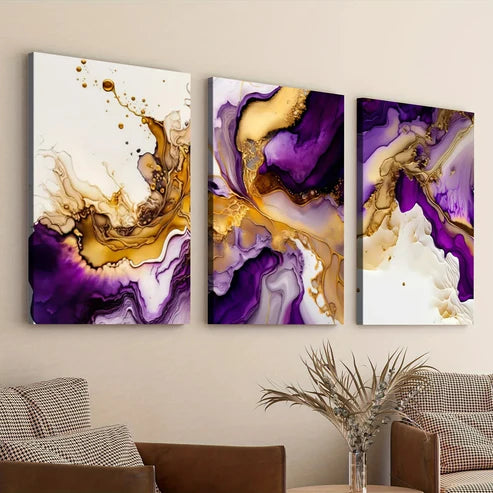 3pcs Purple Modern Abstract Modern Art Golden Art Set Canvas Unframed - High Quality Print 100% Australian Made Wall Canvas