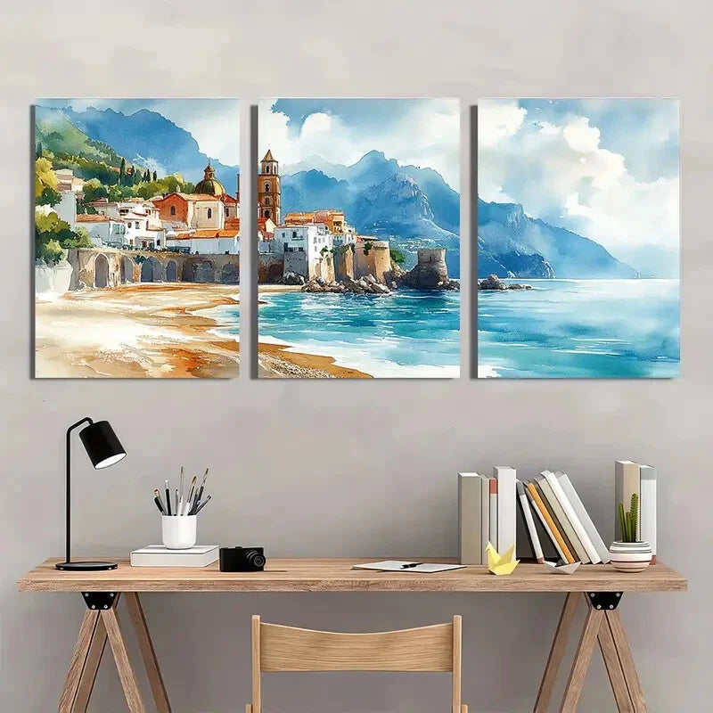 3pcs Atrani Scenic Beach & Mountain View Metal Print Ready to Hang Art - Bella Home Decor