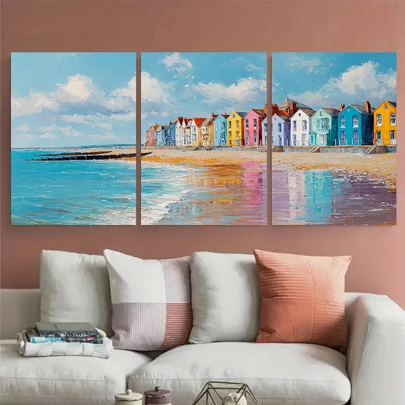 3pcs Worthing West Sussex Coastal Illustration Wall Art Set Canvas Framed 60x90cm - High Quality Print 100% Australian Made Wall Canvas Ready to Hang