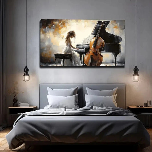 Young Girl Playing Piano Cello Wall Art Canvas Office Home Room Framed 120x60cm
