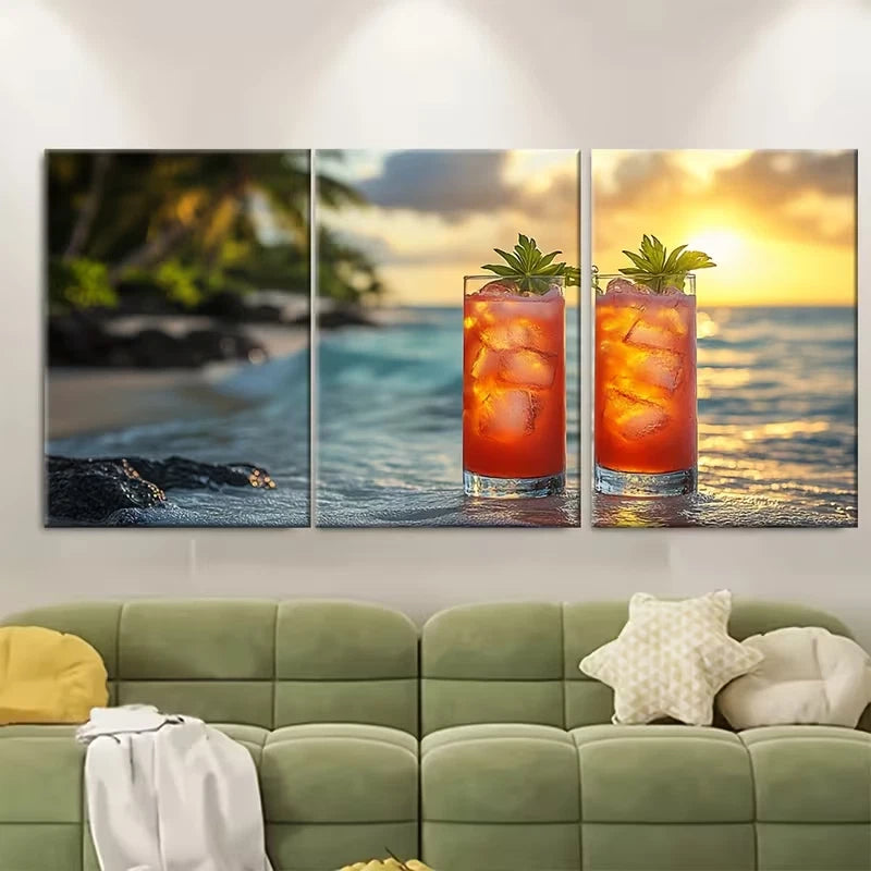 3pcs Tropical Beach Cocktail Sunset Ocean Scene Metal Print Ready to Hang Art - Bella Home Decor