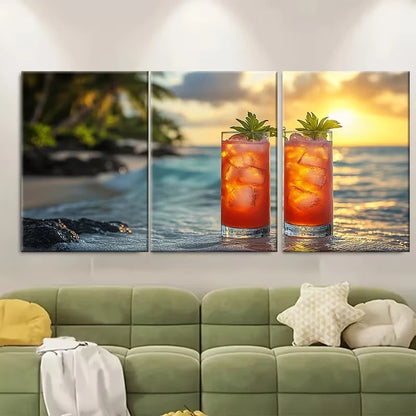 3pcs Tropical Beach Cocktail Sunset Ocean Scene Metal Print Ready to Hang Art - Bella Home Decor