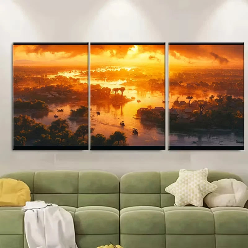 3pcs Niger River Sunset with Pirogues Metal Print Ready to Hang Art