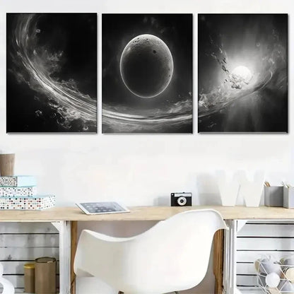 3pcs Abstract Celestial Wonders Black & White Metal Print Ready to Hang Art - Bella Home Decor