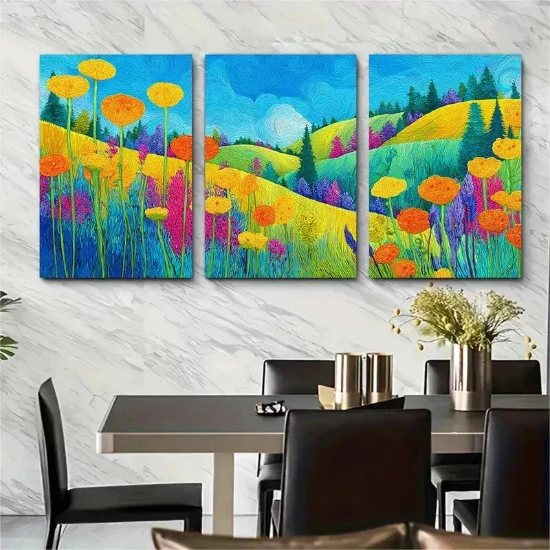 3pcs Hills And Garden Painting Colorful Perfect Wall Art Set Canvas Framed 50x70cm - High Quality Print 100% Australian Made Wall Canvas Ready to Hang