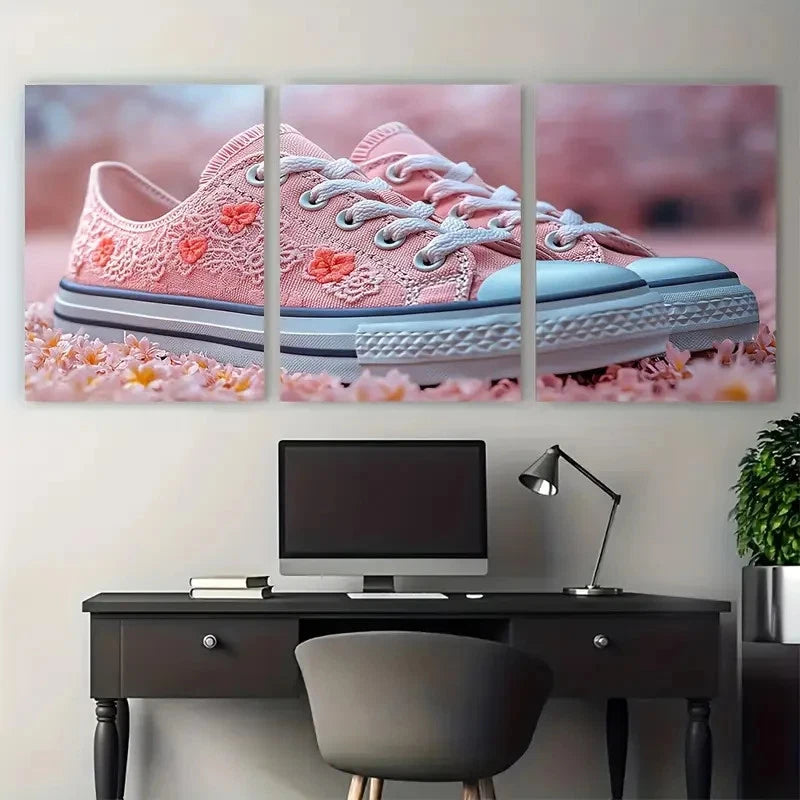 3pcs Pink Coral Floral Trainer Sneakers Lace Love Metal Print Ready to Hang Art - Bella Home Decor