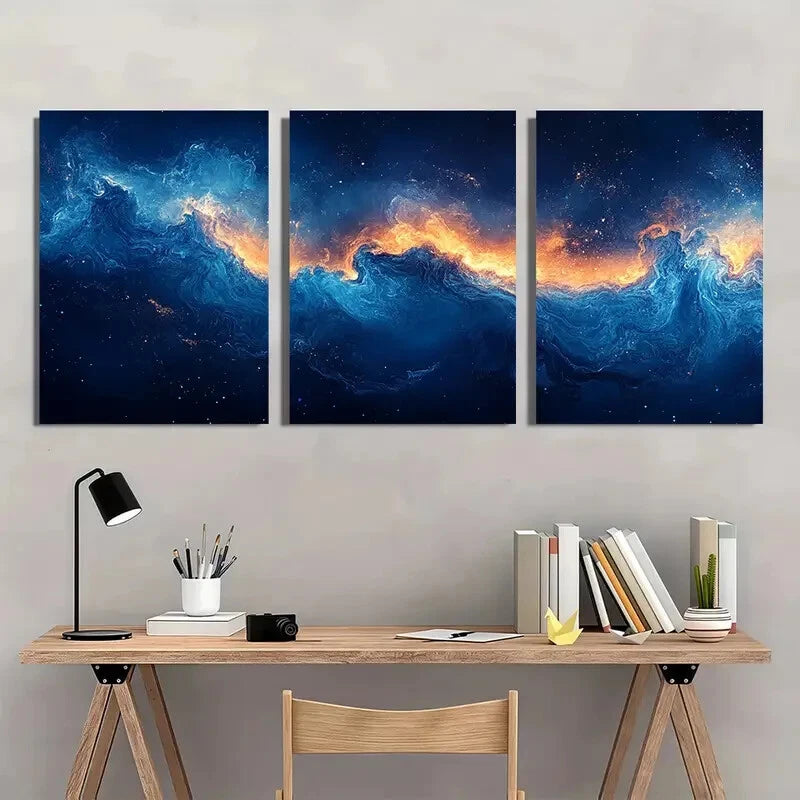 3pcs Modern Abstract Aqua Blue Print Metal Print Ready to Hang Art - Bella Home Decor