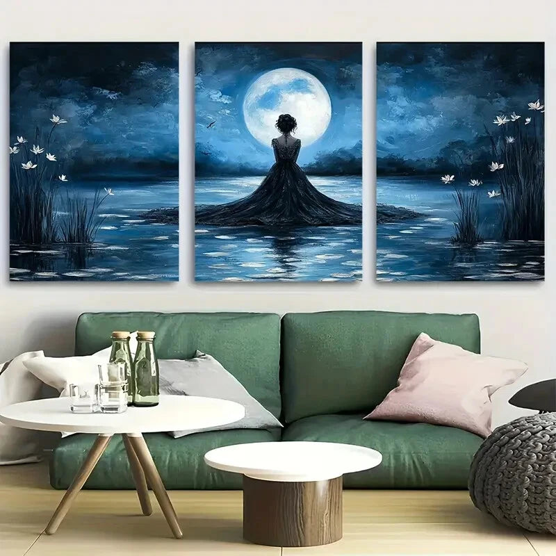3pcs Ethereal Woman in Lace Gown by Moonlit Lake Metal Print Ready to Hang Art