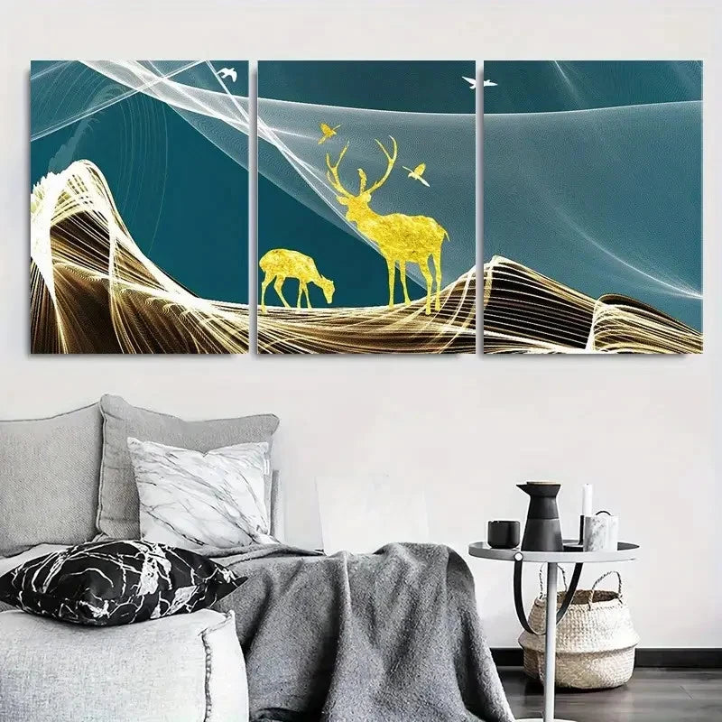 3pcs Golden Deer and Nature Landscape Metal Print Ready to Hang Art - Bella Home Decor
