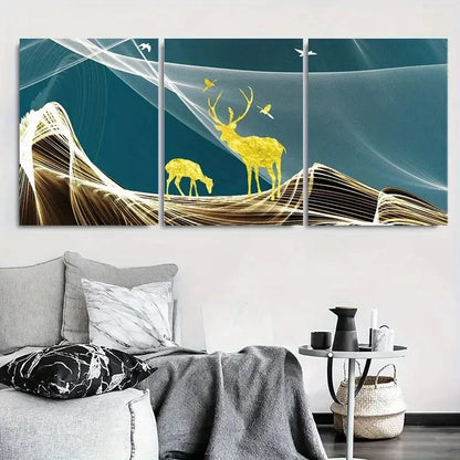 3pcs Golden Deer and Nature Landscape Metal Print Ready to Hang Art - Bella Home Decor