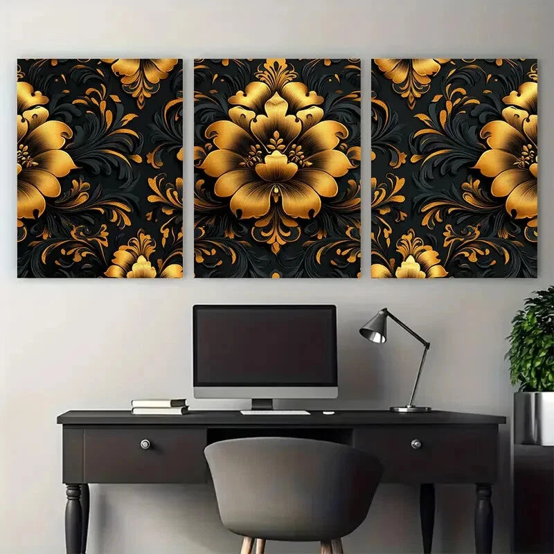 3pcs Ornate Golden Black Floral Damask Pattern Metal Print Ready to Hang Art - Bella Home Decor