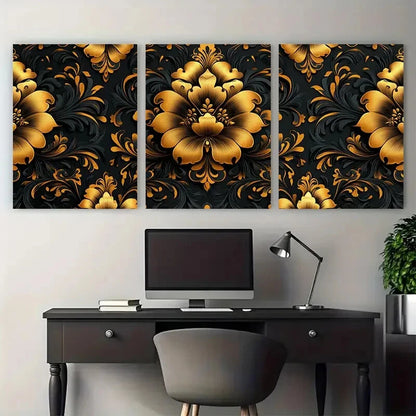 3pcs Ornate Golden Black Floral Damask Pattern Metal Print Ready to Hang Art - Bella Home Decor