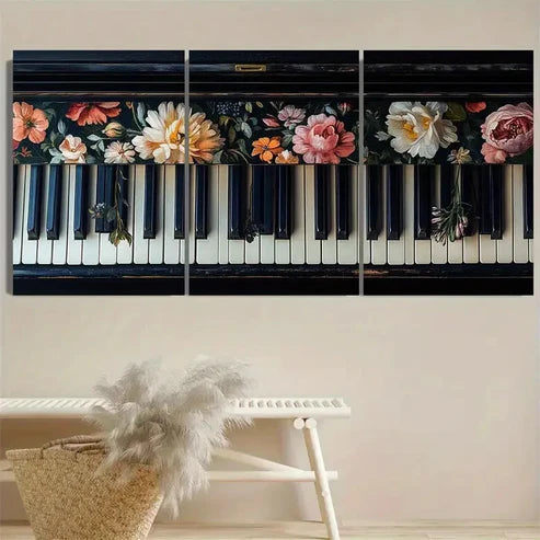 3pcs Floral Piano Keys Wall Art Set Canvas Unframed - High Quality Print 100% Australian Made Wall Canvas - Bella Home Decor