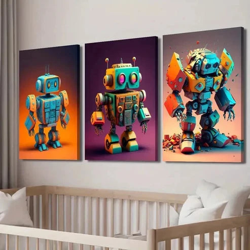 3pcs Blue & Orange Toy Robots Decor Wall Art Set Canvas Unframed - High Quality Print 100% Australian Made Wall Canvas - Bella Home Decor