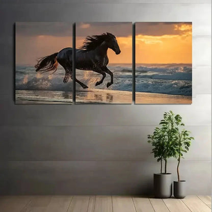 3pcs Black Horse Galloping on the Beach Metal Print Ready to Hang Art - Bella Home Decor