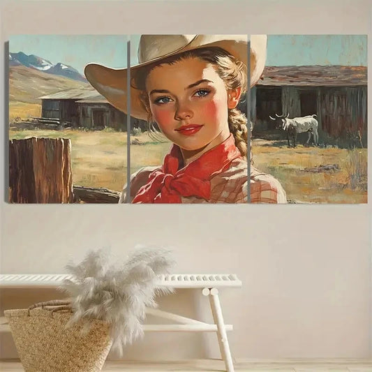 3pcs Vintage Cowgirl, Farmhouse Style Wall Art Set Canvas Framed 40x60cm - High Quality Print 100% Australian Made Wall Canvas Ready to Hang