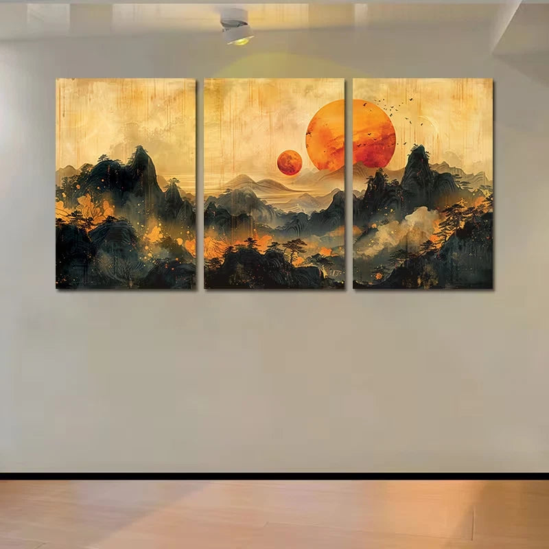 3pcs Sunset Landscape with Moon and Mountains Wall Art Set Canvas Framed 60x90cm - High Quality Print 100% Australian Made Wall Canvas Ready to Hang